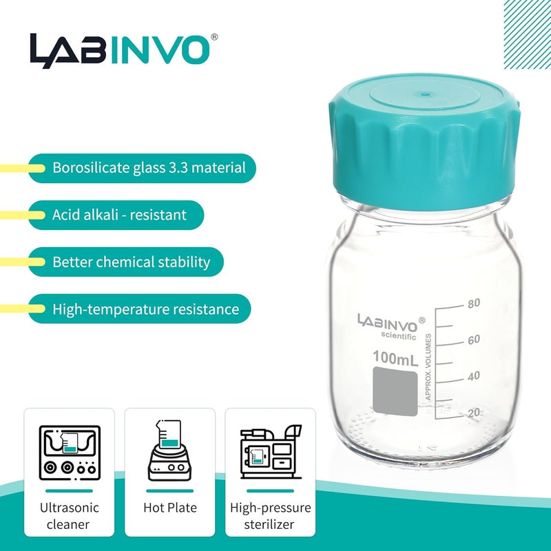LINVO Glass Round Media Bottles, 4PCS of Vol.100ml Borosilicate Glass Reagent Storage Bottle with GL45 Screw Cap, IN-RB100A - Image 3